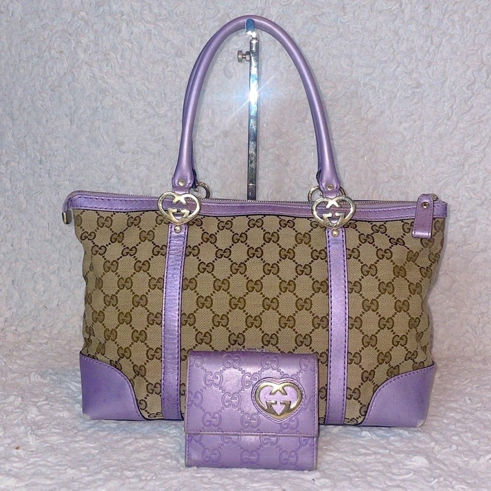 Gucci GG Guccissima Lovely Hearts Monogram Tote Bag and Wallet Set in Lavender